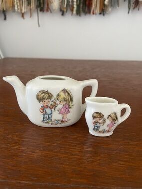 Vintage Ceramic Teapot & Creamer Set with Sweet Kids Illustration - White small